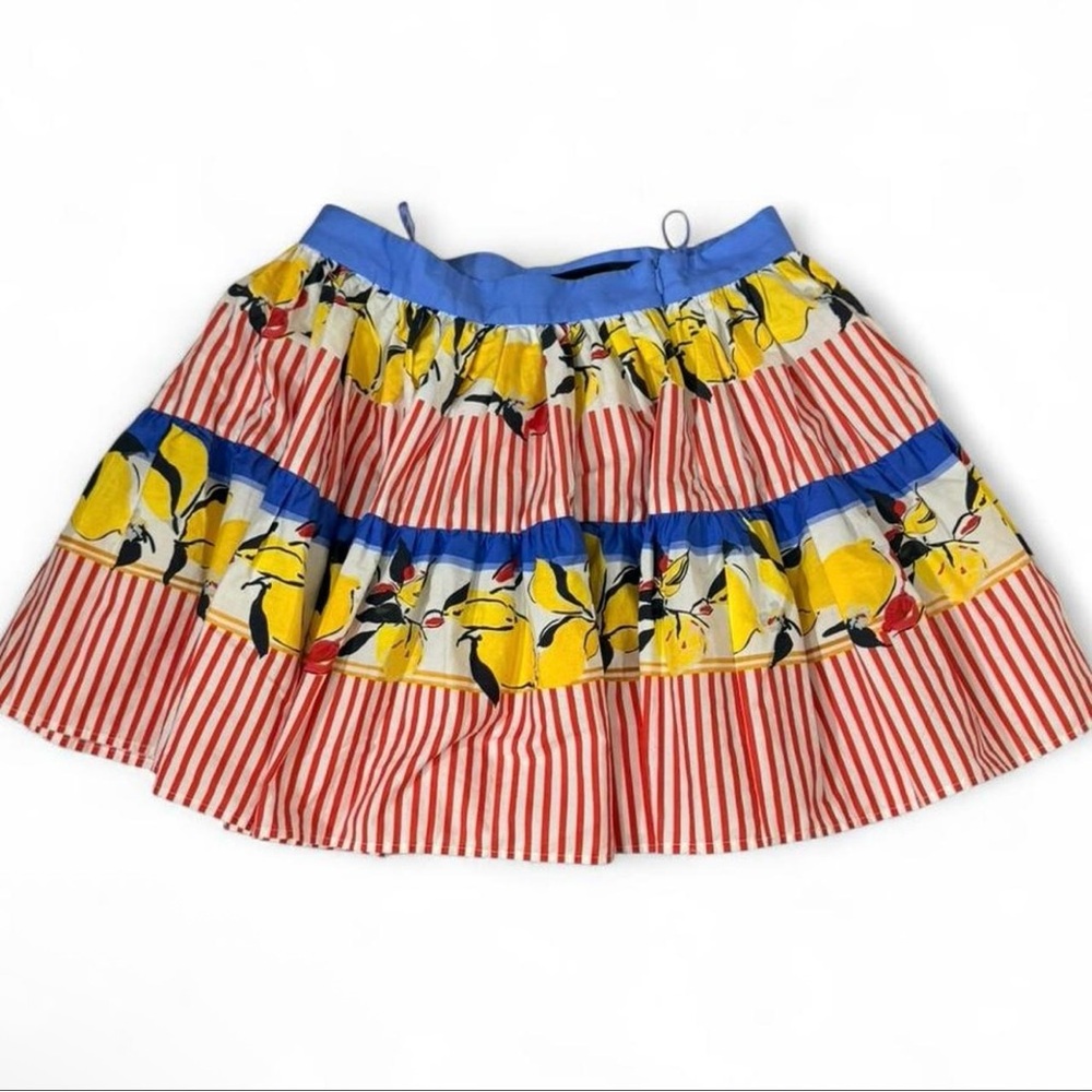 Zara Yellow Floral & Blue Trim Tiered A-Line Skirt - Picture 3 of 5